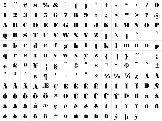 Bodoni MT Std Ultra Bold  glyph index