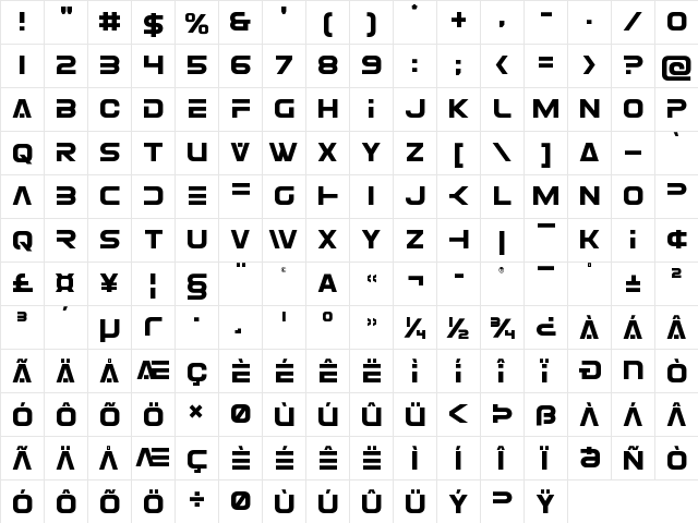 Eurofighter Regular  glyph index