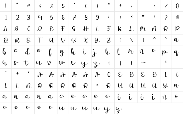 Rain Gold Regular  glyph index