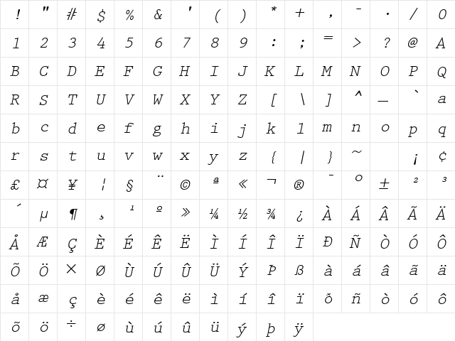 Prestige Elite Oblique  glyph index