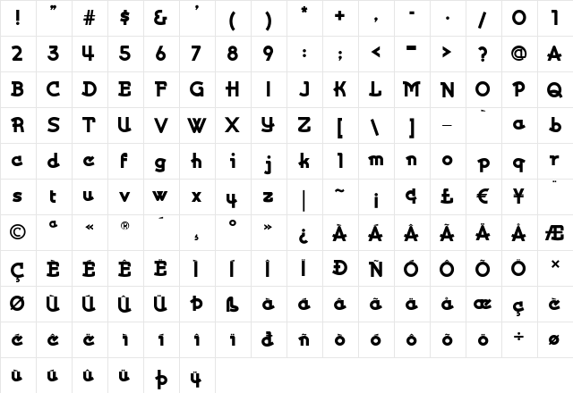 Kurvaceous Regular  glyph index