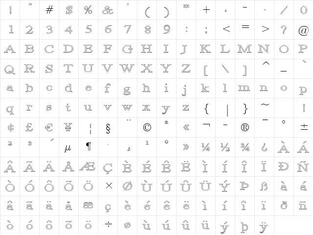 Revelation BTN Exp Out Regular  glyph index
