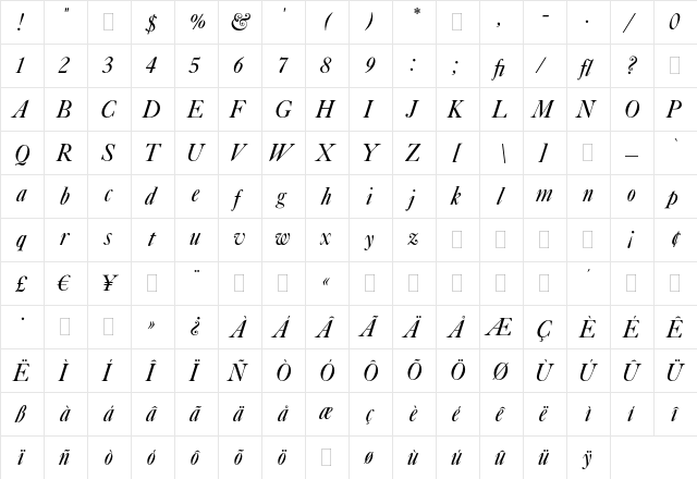 Caslon Italic Plain  glyph index