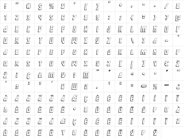 Major Force 3D Italic Italic  glyph index