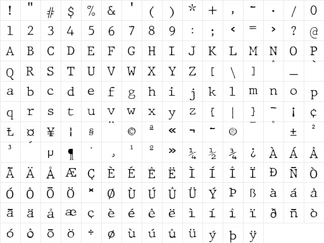 JMH Typewriter Thin  glyph index