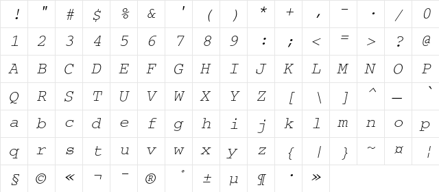 CourierC Italic  glyph index
