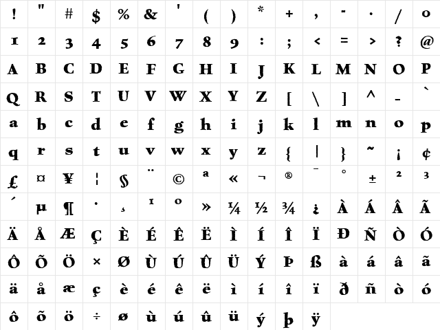 Celestia Antiqua Bold  glyph index