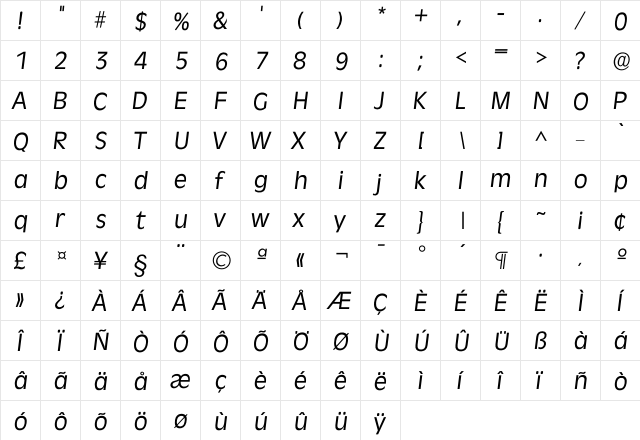 Iravenna Regular  glyph index