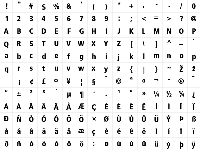 Frutiger LT 77 BlackCn Regular  glyph index