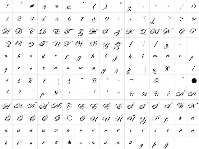 EdwardianScrITC Bold  glyph index