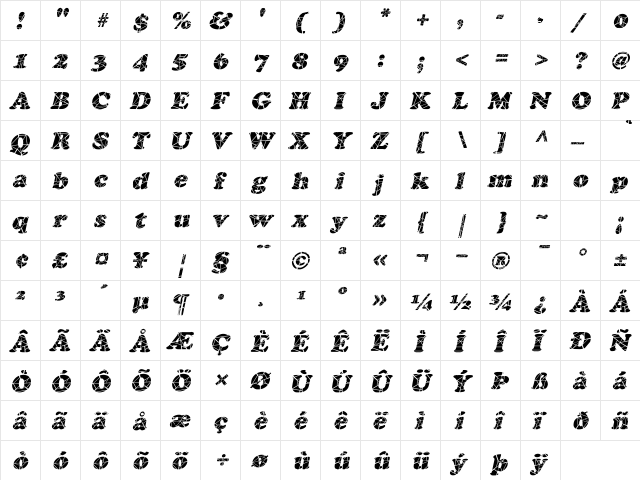 Marshmallow Cracked Italic  glyph index