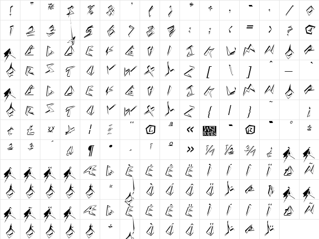 StingerShadowSkewed Regular  glyph index