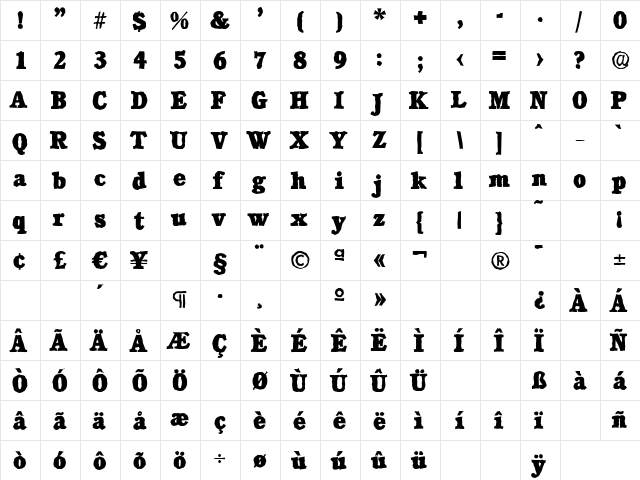 CalgaryAntique-Heavy Regular  glyph index