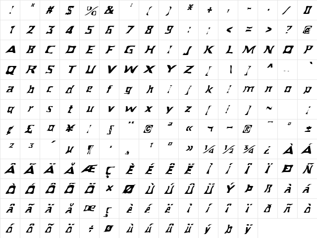 FZ WARPED 40 ITALIC Normal  glyph index