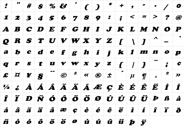 CooperExtObl-Heavy Regular  glyph index