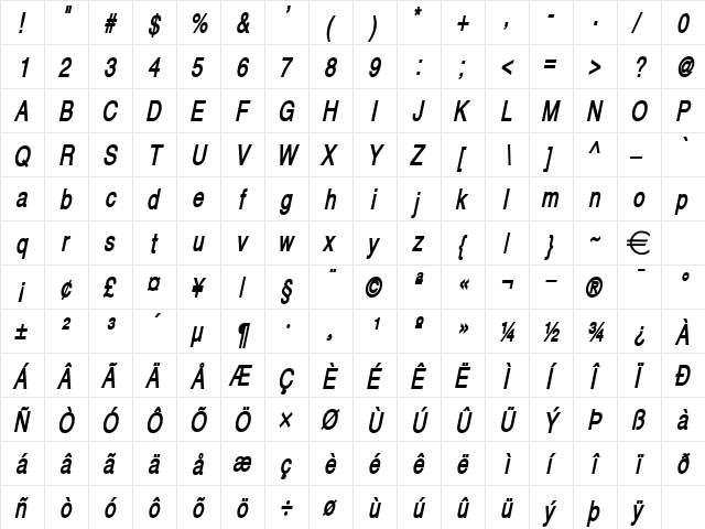 AlpsThin BoldItalic  glyph index