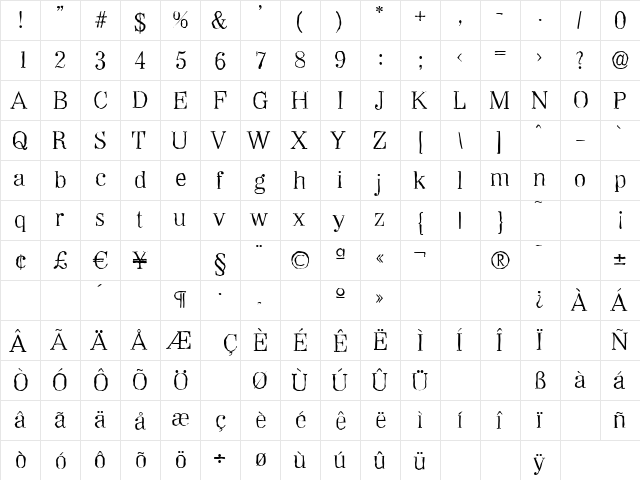 WichitaAntique-Light Regular  glyph index