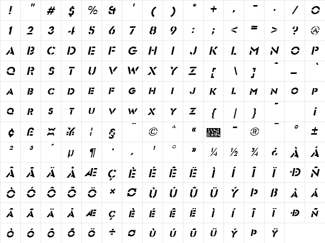 FuturistStencil Italic  glyph index