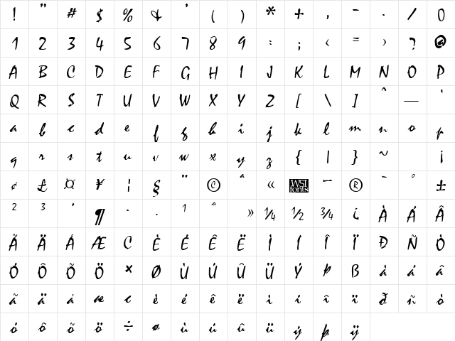 Minstrel Regular  glyph index