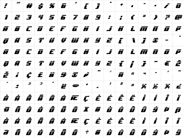 Spartaco Laser Regular  glyph index