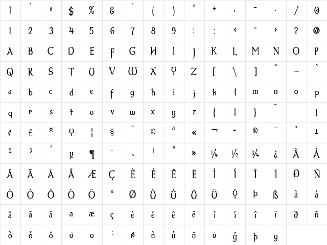Dumbledor 3 Thin Regular  glyph index