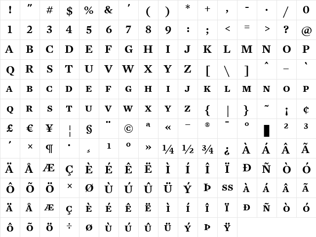 Mercury Text G2 SemiBold  glyph index