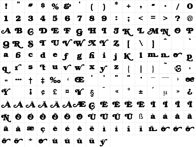 Camilla Regular  glyph index