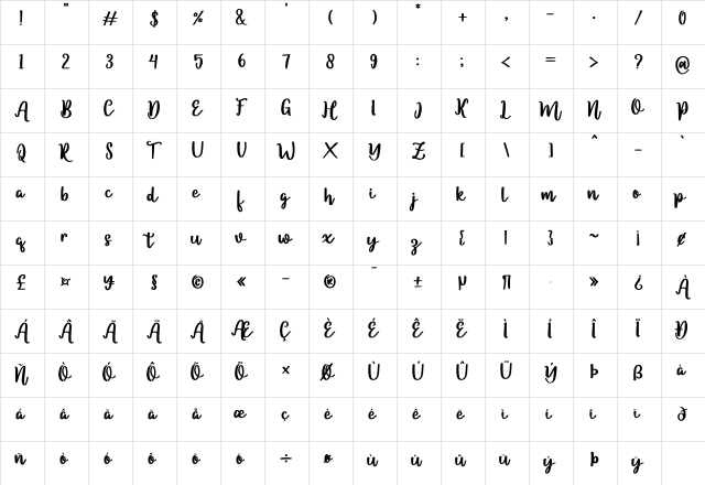 Salidea Regular  glyph index