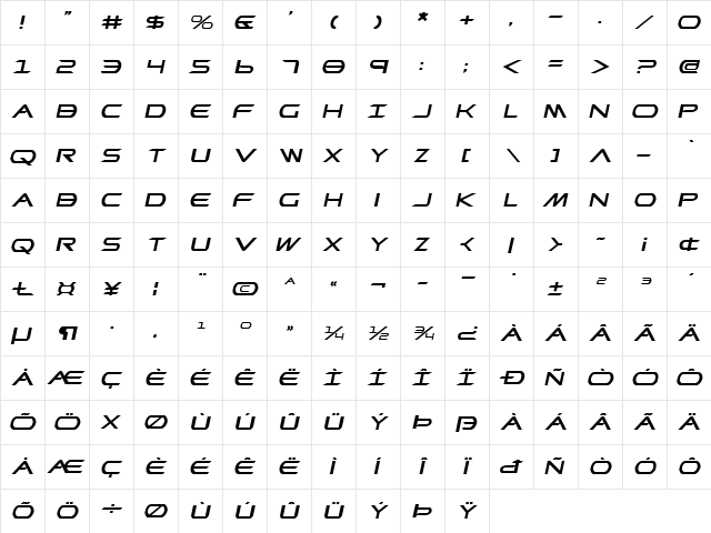 Promethean Expanded Italic Expanded Italic  glyph index