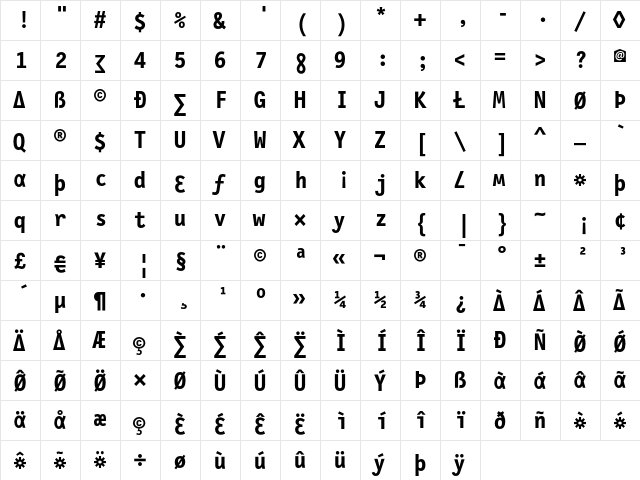 LetterGothicSlang Bold  glyph index