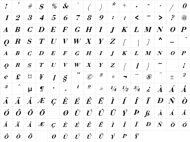 BodoniExpert Bold-Italic  glyph index