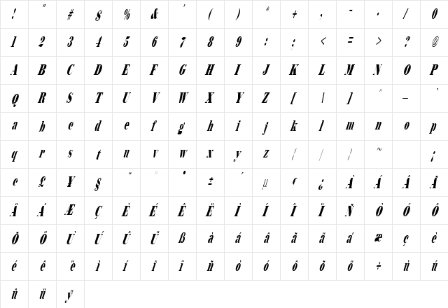 Bodidly Italic  glyph index