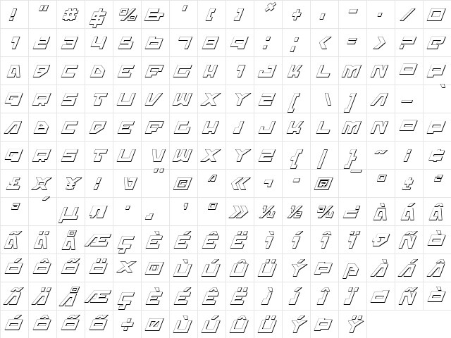 Trajia Shadow Italic Shadow Italic  glyph index
