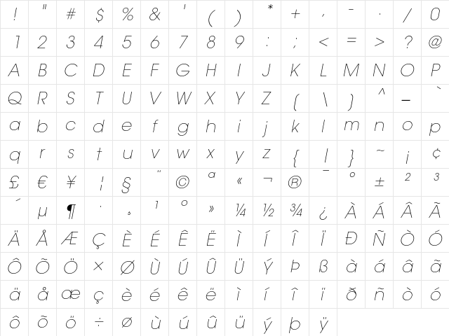 ITC Avant Garde Gothic LT Extra Light Oblique  glyph index