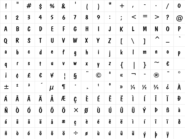 DomCasual BT Regular  glyph index