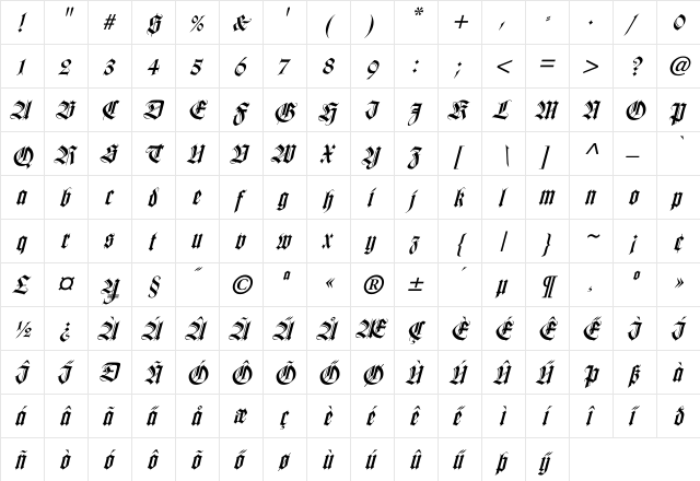WilhelmKlingsporGotisch Italic Regular  glyph index