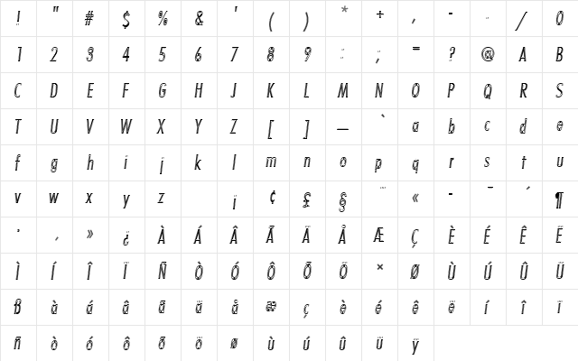 FuturaTLigConOblIn1 Regular  glyph index