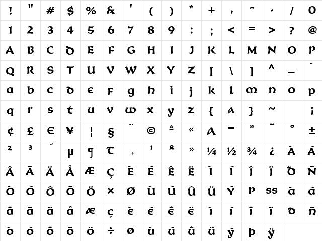 KoriganITC TT Bold  glyph index