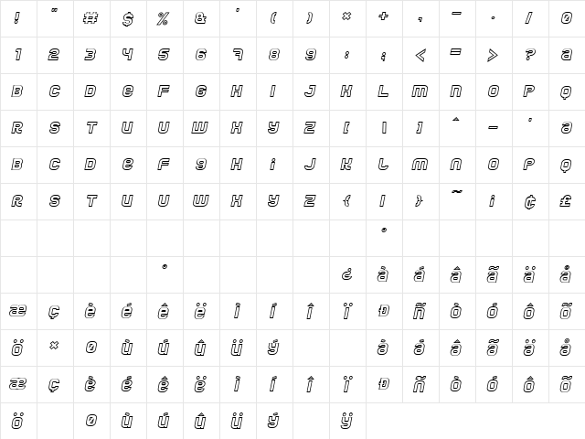 Jumbo Outline Italic  glyph index