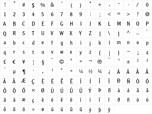 Clearface Gothic LT 45 Light  glyph index