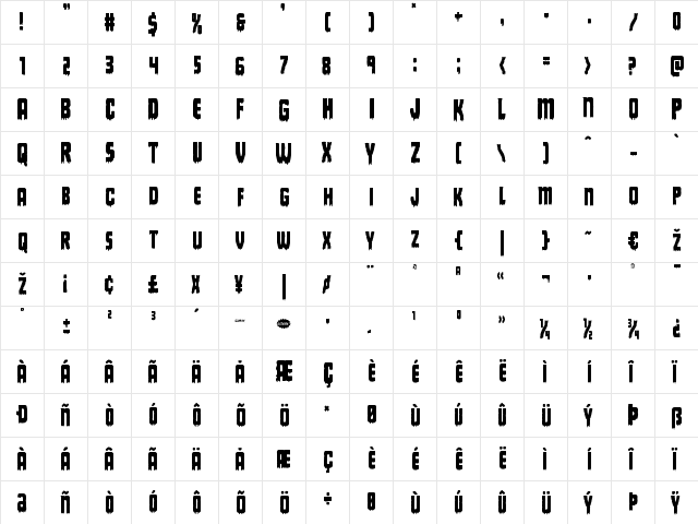 Deathblood Condensed Condensed  glyph index