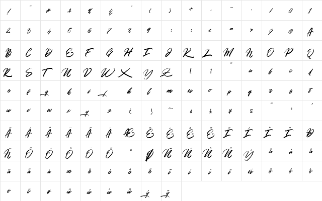 Gold Brush Regular  glyph index
