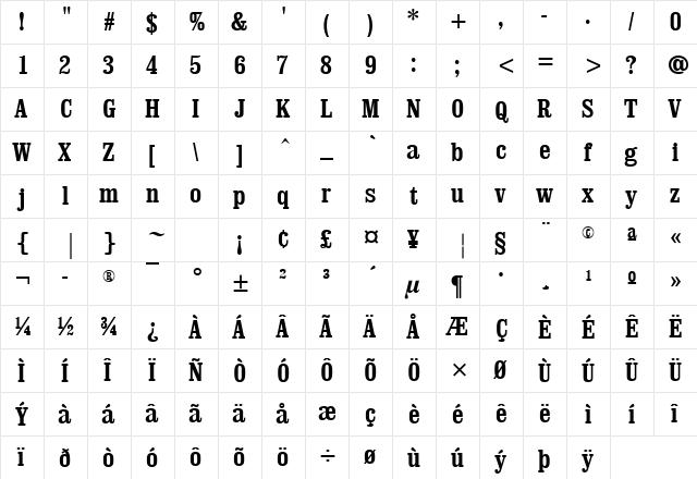 Cleveland Condensed Bold  glyph index