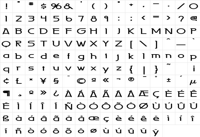 Persia Extended Bold  glyph index