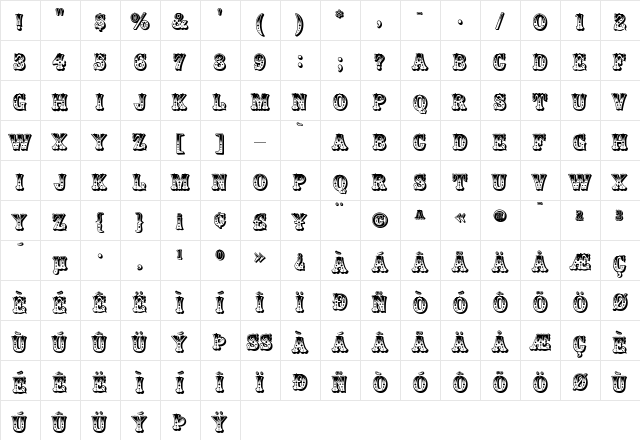 Zebrawood Roman  glyph index