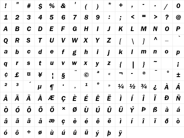 ITC Franklin Gothic LT Com Demi Italic  glyph index