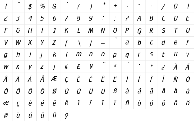 CrilleeEF LightItalic  glyph index