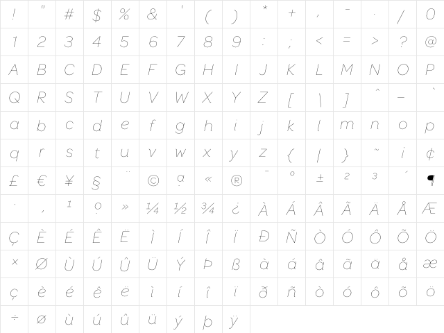 Omnes Thin Italic  glyph index