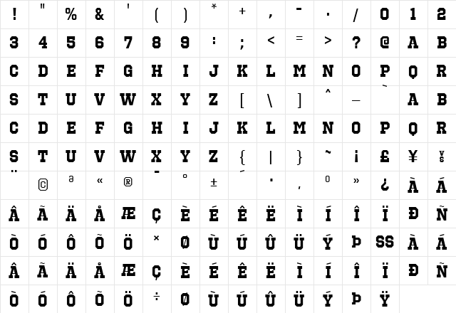 Octin Sports Bold  glyph index