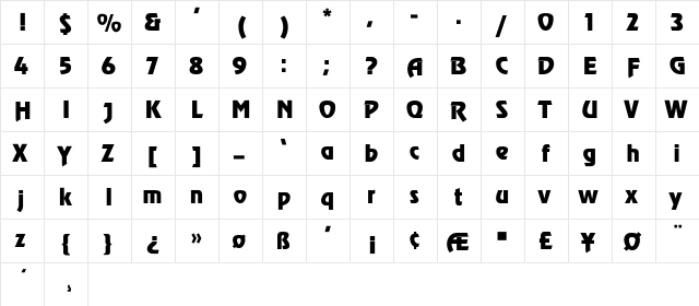 Revue-Thin Regular  glyph index